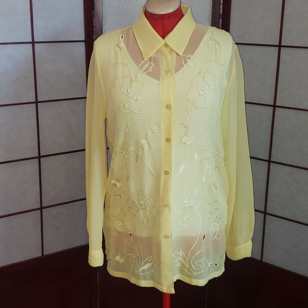 Florissant NY Sheer Canary Yellow Floral Embroidered Long Sleeve Top